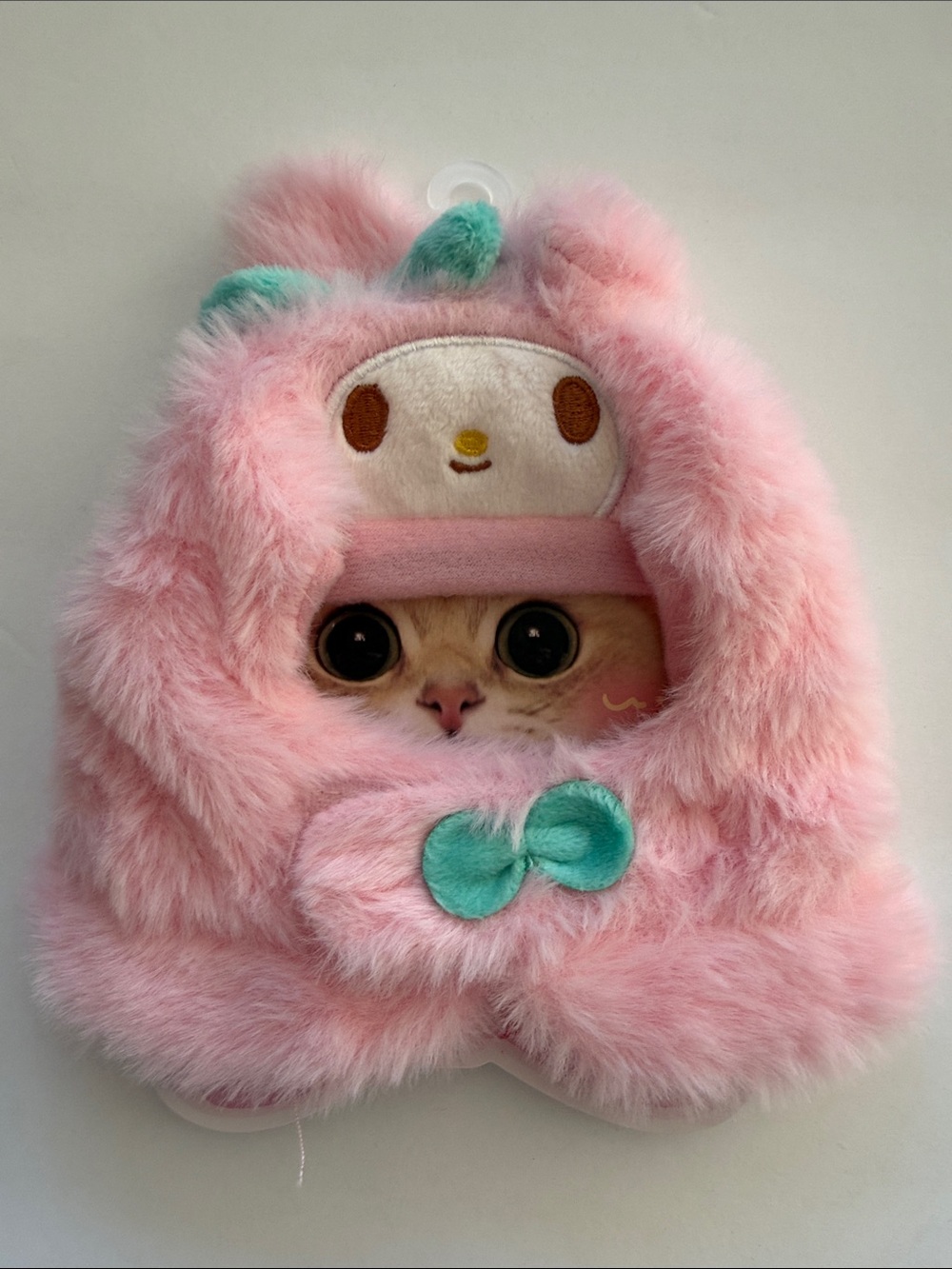 Adorable Pink Furry Character Hood with Mint Bow